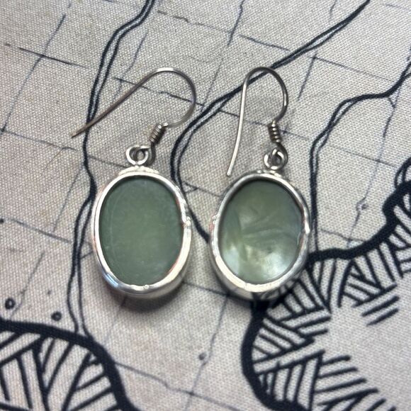 Teal Druzy 925 Sterling Silver Polished Stone Oval Shaped Dangle Earrings - Picture 2 of 6